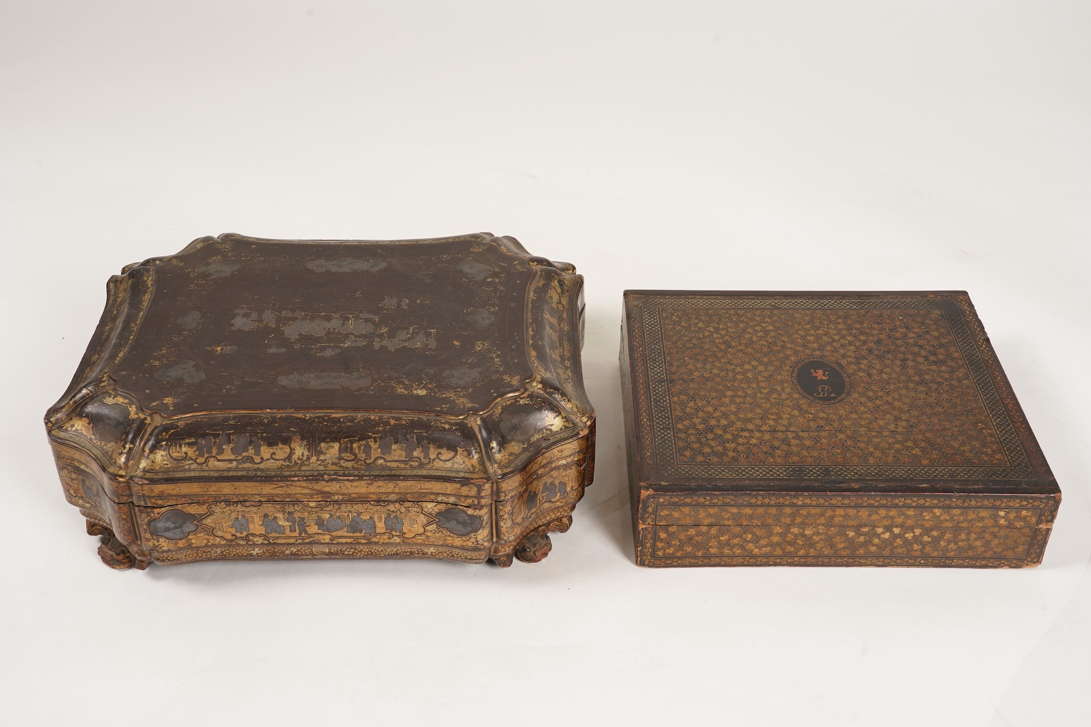Two Chinese gilt decorated black lacquer games boxes, containing numerous mother-of-pearl counters, 19th century